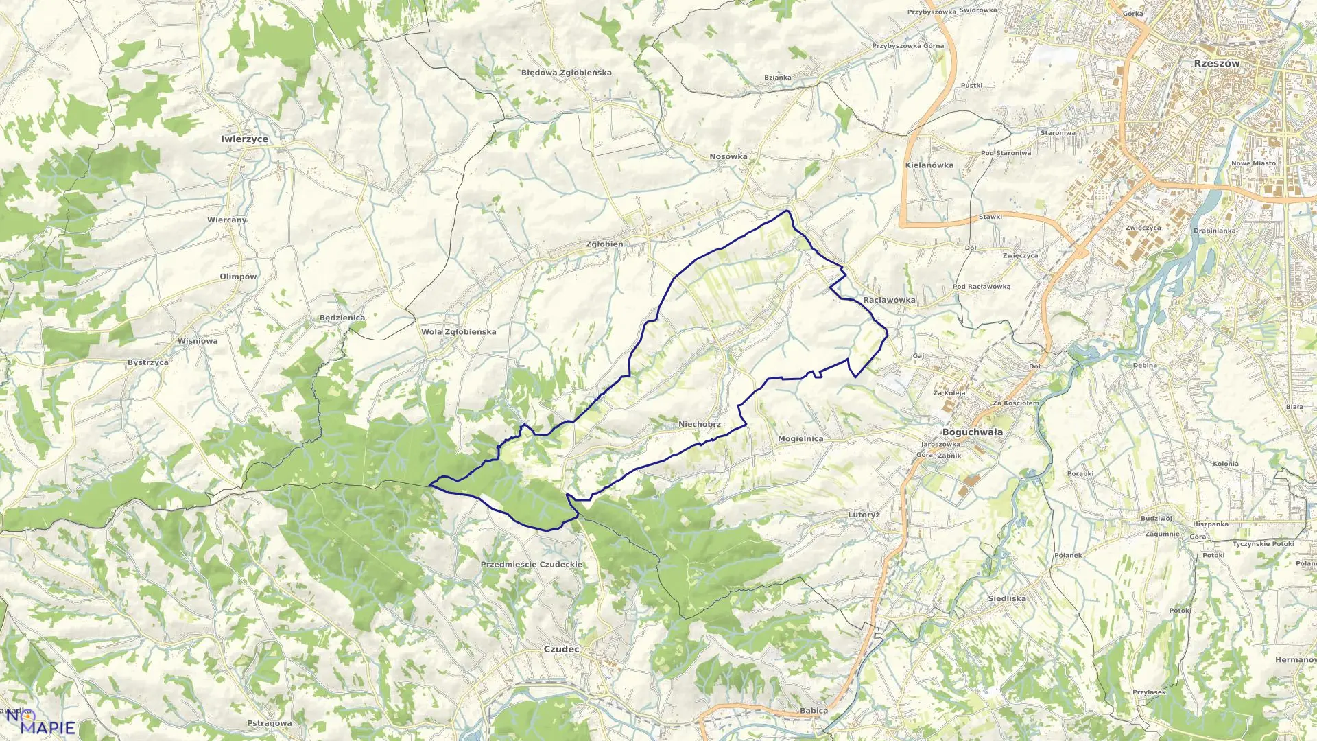 Mapa obrębu Niechobrz w gminie Boguchwała