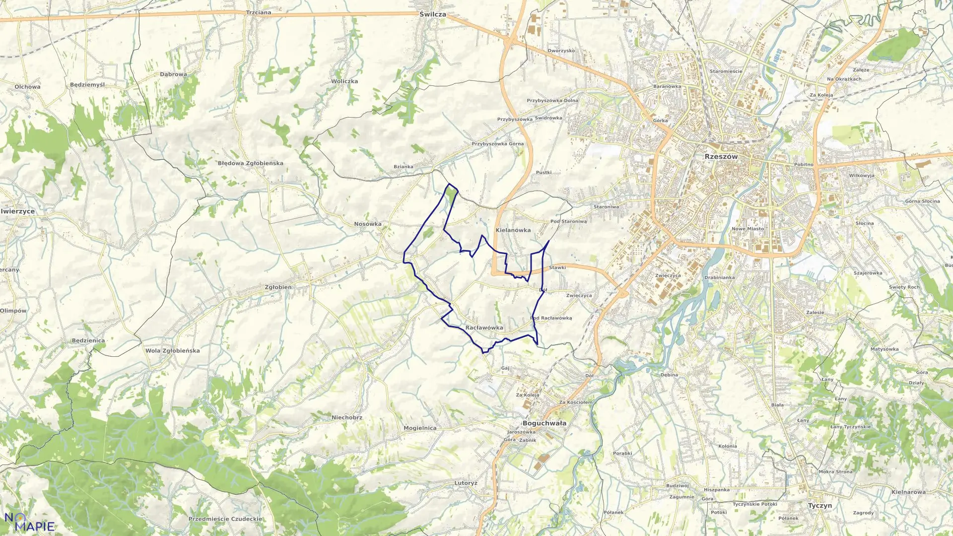 Mapa obrębu Racławówka w gminie Boguchwała