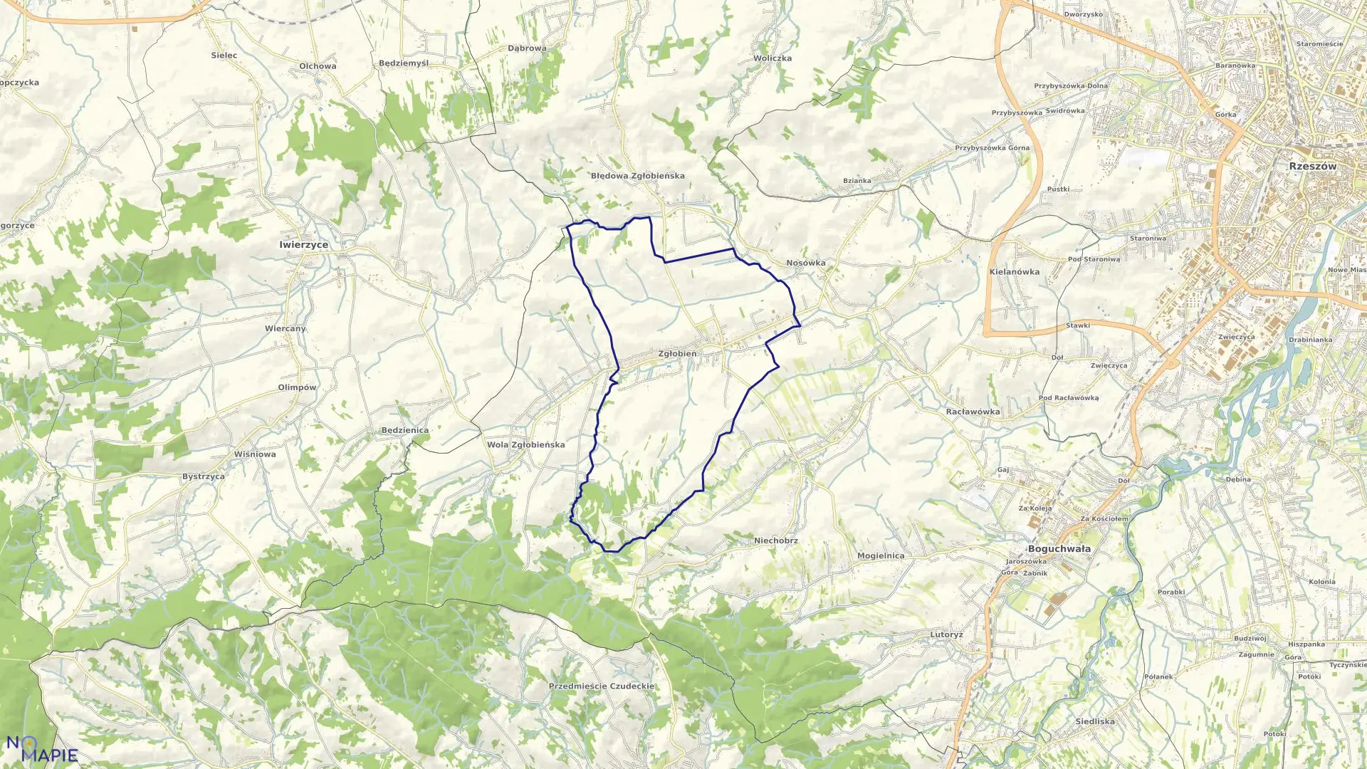 Mapa obrębu Zgłobień w gminie Boguchwała